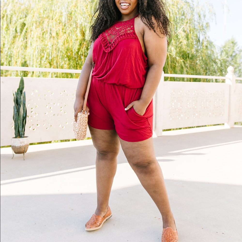 Lace Topped Romper in Wine - Picture 3 of 10
